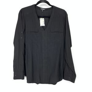 Express V-Neck Popover Blouse Womens Size Medium Black Long Sleeve Top NEW